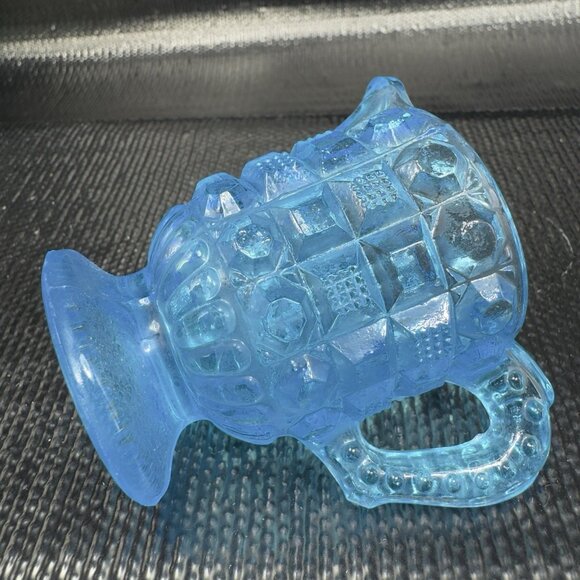 Vintage Kemple Blue Waffle Button Glass 2oz Creamer Small Glass Jug Pitcher VTG - Picture 4 of 10